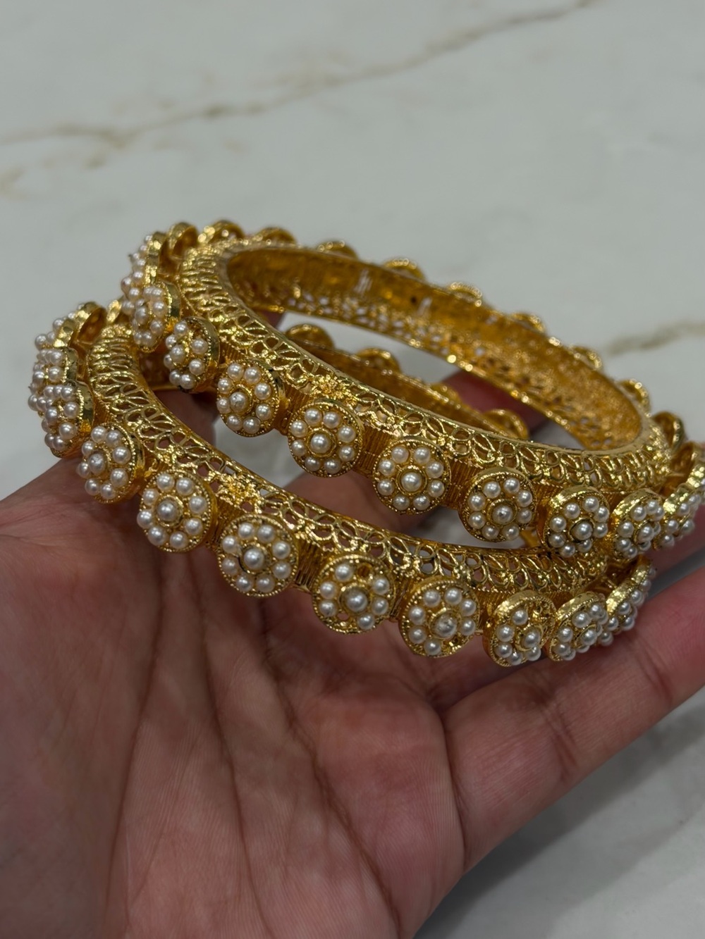 Gold Tone Pearl Bangle Set | Traditional Pakistani Indian Bangles | Size 2.4–2.5